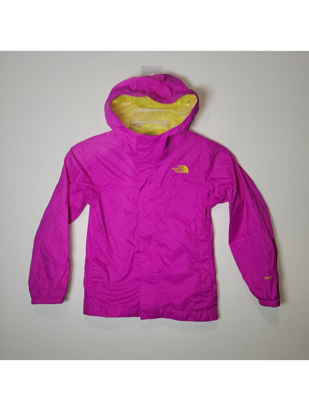 The North Face Girls S/P (7/8) HyVent Rain Jacket Hooded Pink Yellow Shell Coat